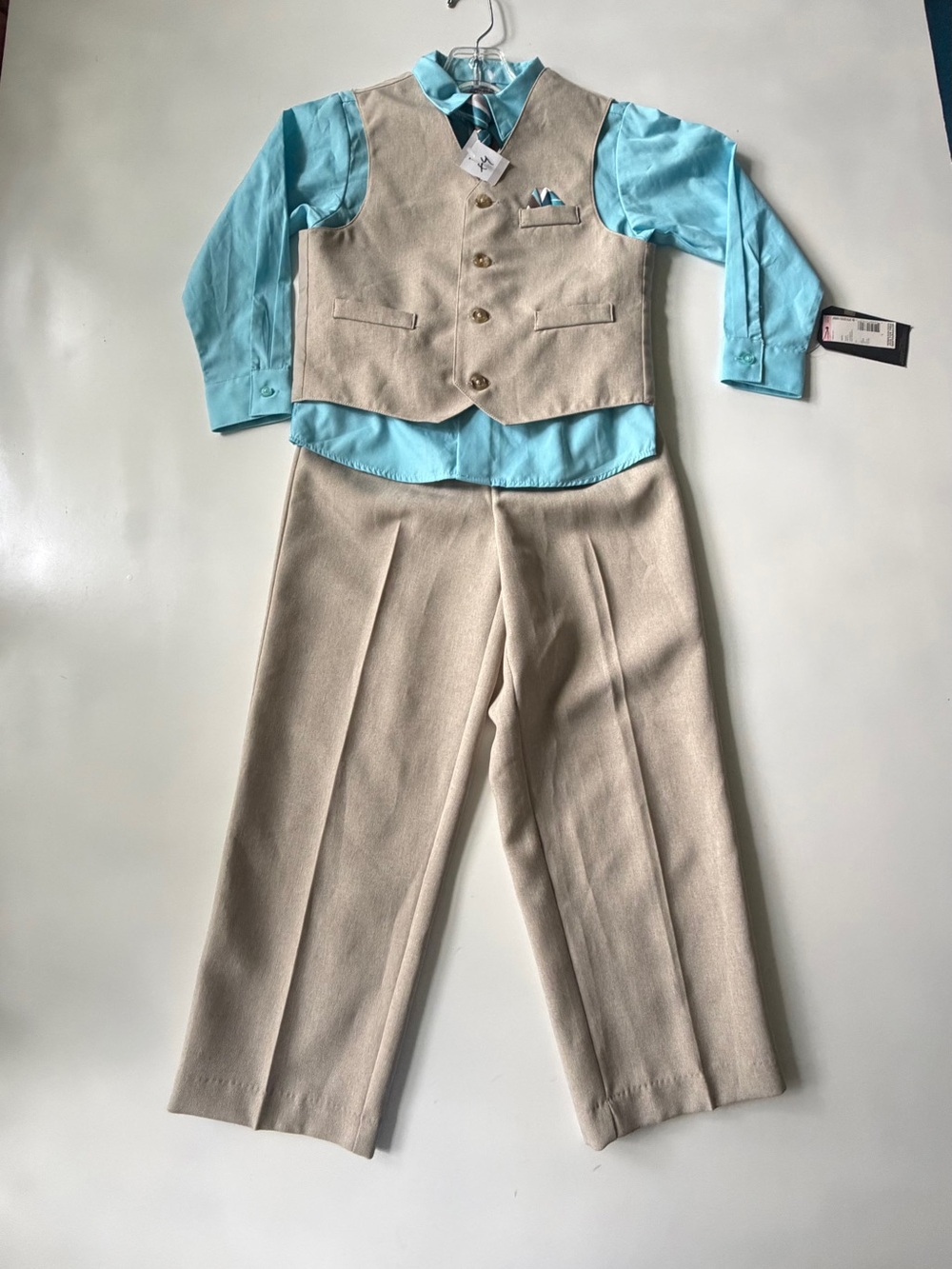 Dockers Boys 4 Piece Suit Set, Pants/Shirt/Vest/Tie Aqua, Grey‎ - 7